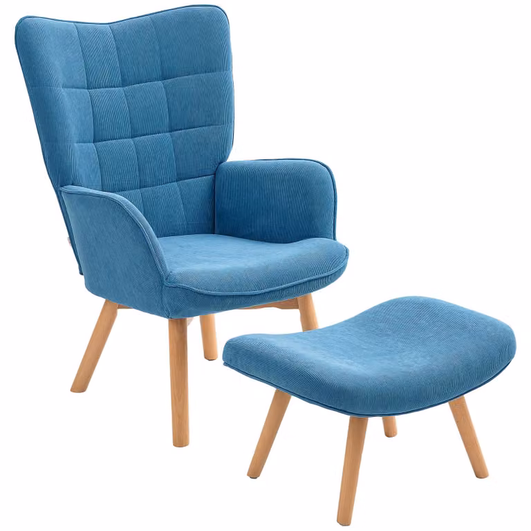HOMCOM fauteuil met voetenbankje, orenfauteuil met hoge rugleuning en houten poten, blauw cordura