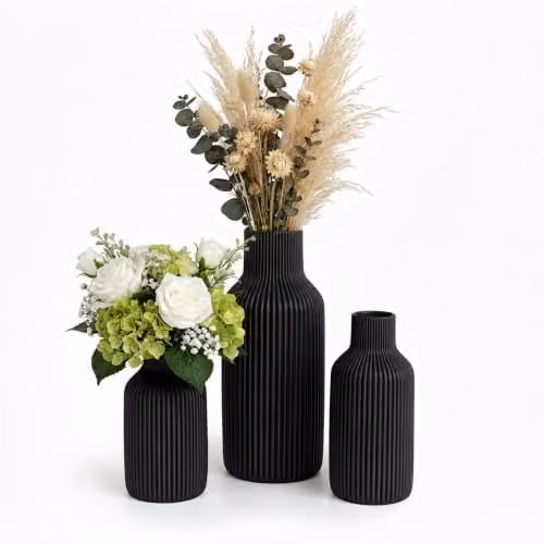 Relaxdays Set van 3 Keramische Vazen, Modern Gestreept Design, Zwart, Tafeldecoratie