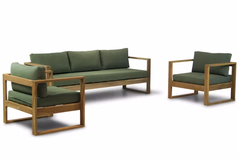 Garden Collections Newbury 3-delige loungeset van behandeld teak met kussens in groen en bruin