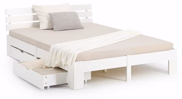 Homestyle4u Tweepersoonsbed met 2 nachtkastjes en lattenbodem, Wit, B/D: 140 x 200 cm