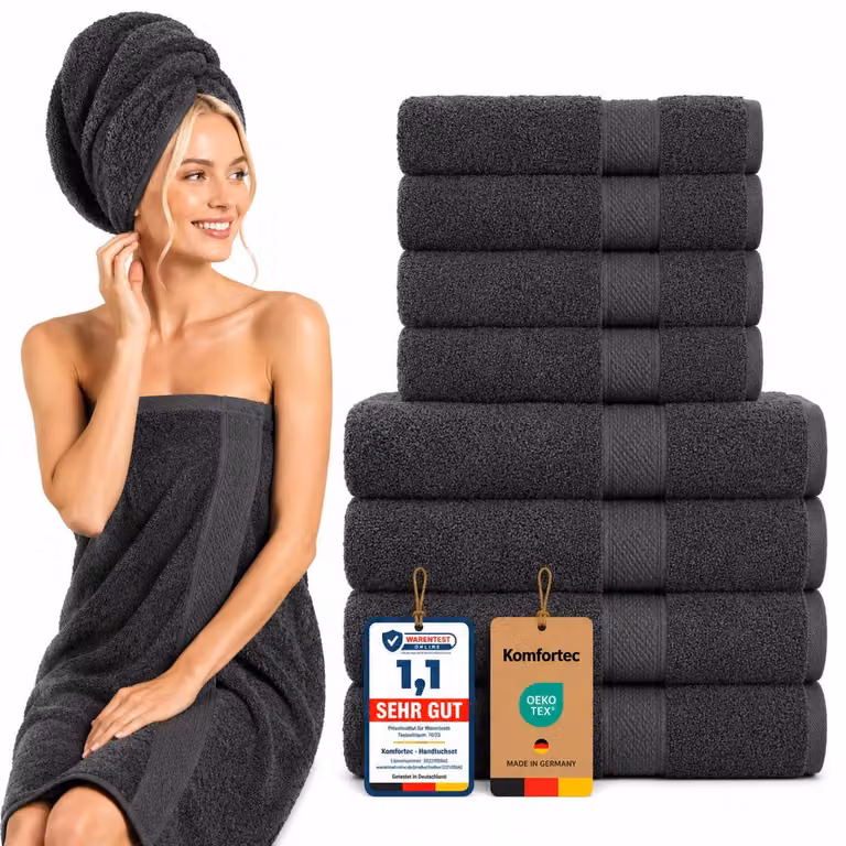 Komfortec Handdoekenset van 8 stuks - 4x Handdoek 50x100 cm en 4x Badhanddoek 70x140 cm - 100% Katoen - Antraciet grijs