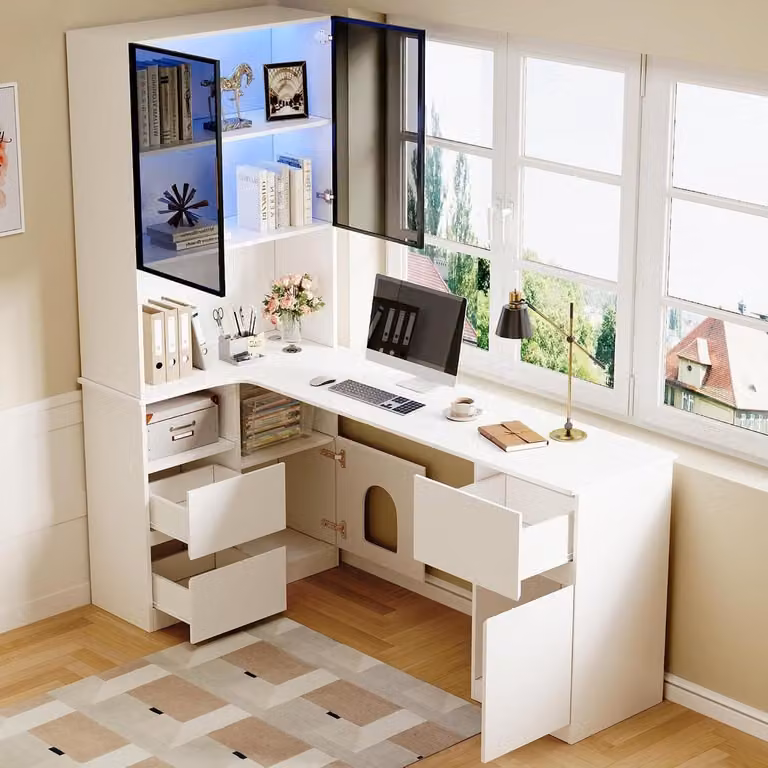 Hoekbureau met vitrine en 7-kleurige LED-verlichting, B/D/H: 120 x 80 x 180 cm