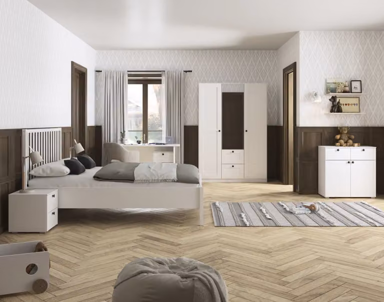 home24 Skagen Set voor tienerkamer, 5-delig, wit met spiegeldeur, 140 x 200 cm