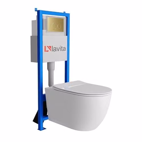 Lavita Complete toiletset met LAV 101 voorwandelement, Sinto Grande randloos hangtoilet en LAV 200.4.5 bedieningsplaat in goud