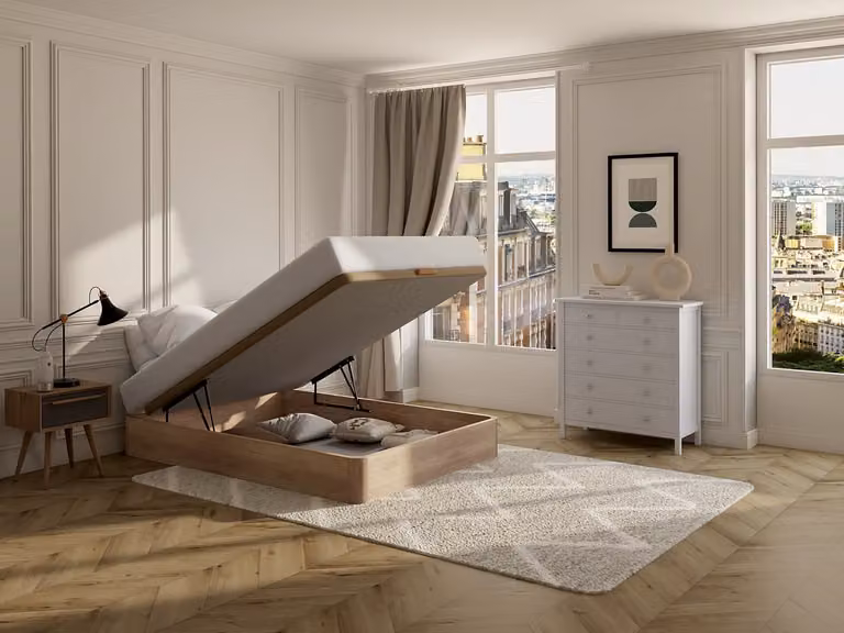 YSMÉE HESTIA Bedbodem met opbergruimte en lift-up systeem, Beige, B/D: 120 x 200 cm