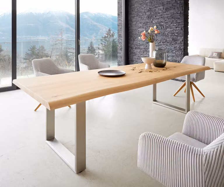 DELIFE Eettafel Edge Live-Edge Eikenhout en Roestvrij Staal, Bruin/Zilver, B: 260 cm, D: 100 cm, H: 76 cm