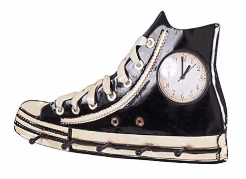 HAKU Wandkapstok met klok en 5 haken, zwart gelakt metaal, industrieel, B 50 x H 31 x D 6 cm