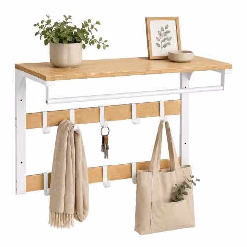 Relaxdays 3-in-1 wandkapstok met 10 haken en kledingstang, wit