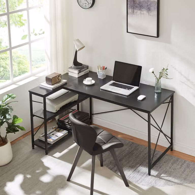 en.casa Bureau Raundsvalt L-vormig met 1 legplank, zwart, B: 137 cm, D: 88 cm, H: 75 cm