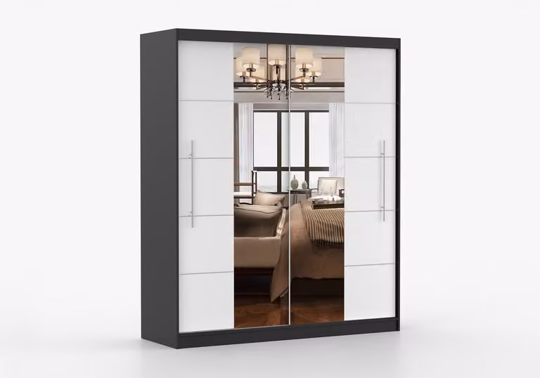 Kledingkast NICO III 203 cm - 2-deurs schuifdeurkast met spiegel en decoratieve lijsten - Zwart + Wit