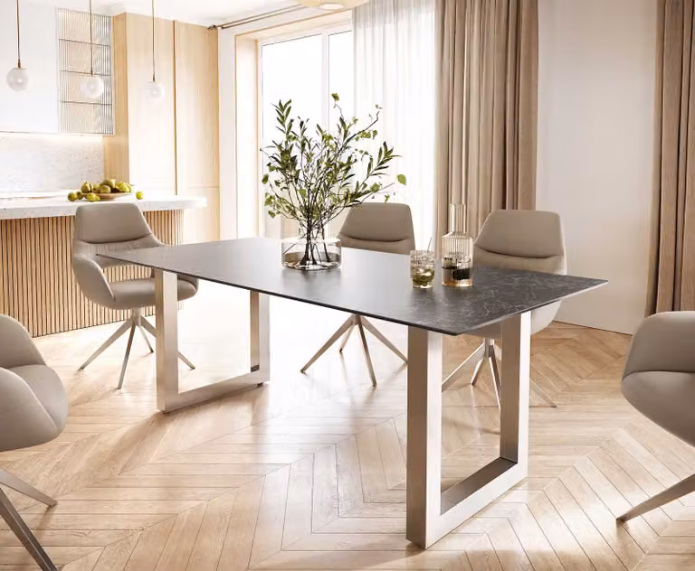 DELIFE Eettafel Edge Nero Greco grijs met keramisch blad en roestvrij stalen onderstel, B/D/H: 200 x 100 x 74 cm