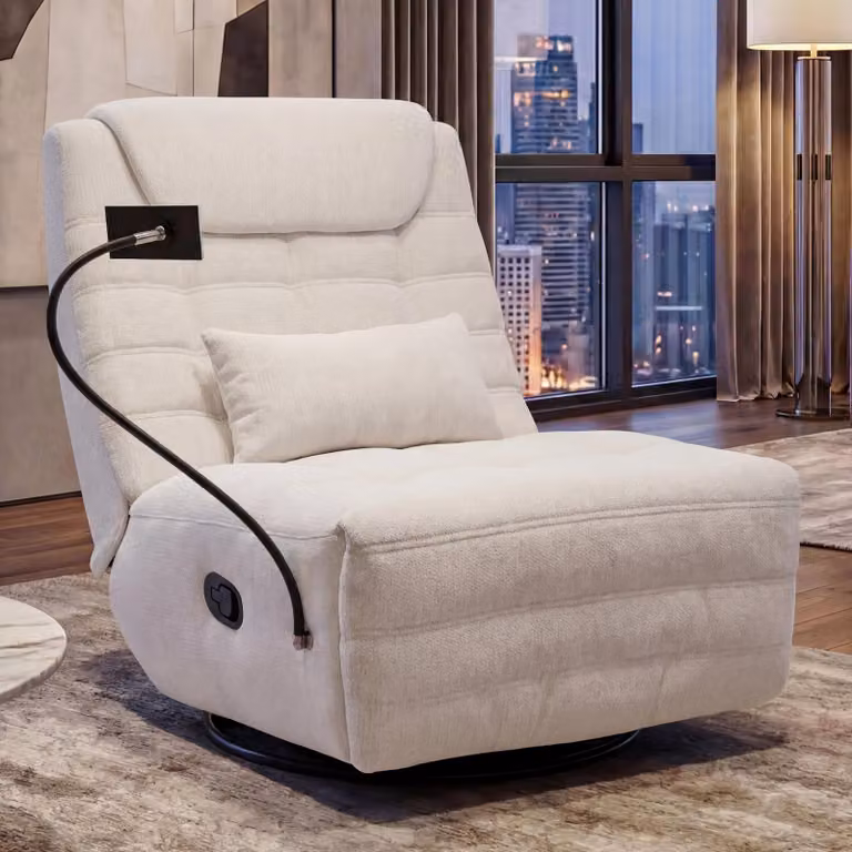Mendler Relaxfauteuil HWC-P92 TV-fauteuil met kantelfunctie en telefoonhouder, crème-wit, Chenille
