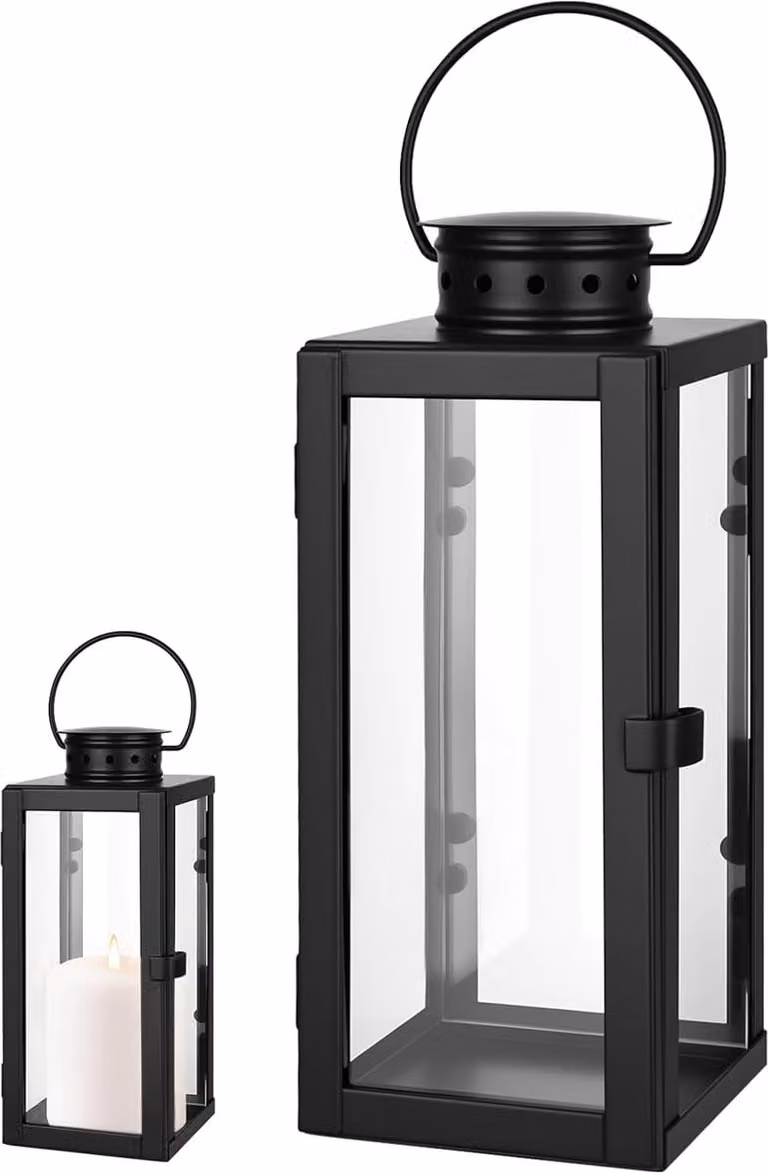 Zwart metalen lantaarn windlicht voor buiten decoratie met een hoogte van 24 cm
