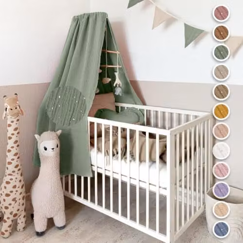Lilimaus Klamboe voor babybed van mousseline katoen met gouden details, Groen, 140 cm