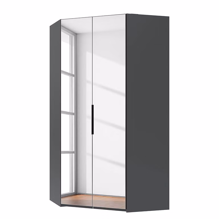 home24 Level36 Moderne Hoekkast met LED-verlichting en Spiegeldeur, Wit/Grijs/Zwart, Hoogte: 216 cm