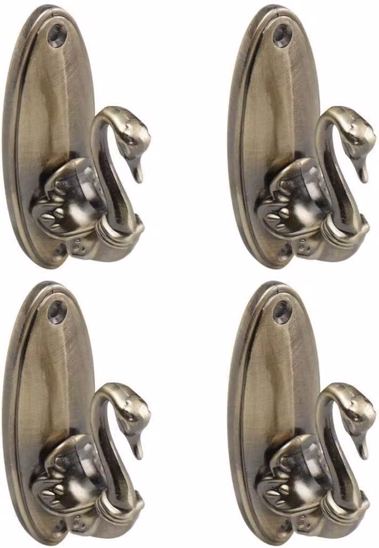Set van 4 bronskleurige gordijnhaken van duurzame zinklegering voor muurbevestiging van raambekleding