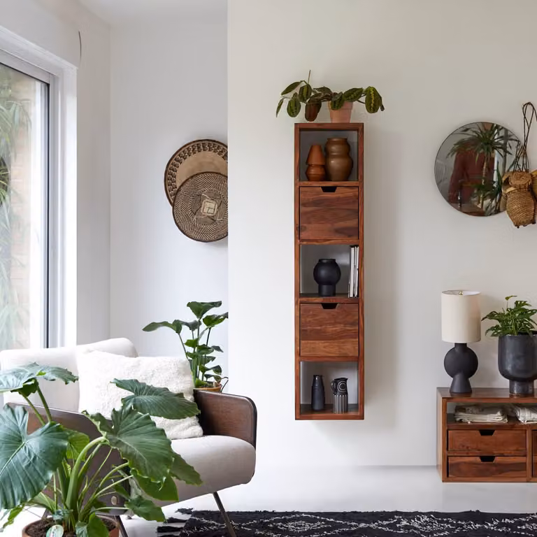 Tikamoon Kwarto Wandplank - Bruin - Massief Sheesham Hout - Breedte: 150 cm, Diepte: 30 cm, Hoogte: 37 cm