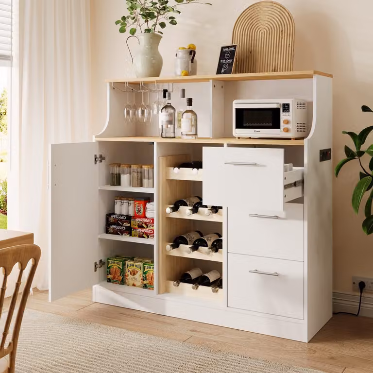 Mivray Dressoir met Wijnrek en Verlichting in Wit en Natuurlijk MDF, B/D/H: 120 x 40 x 121 cm
