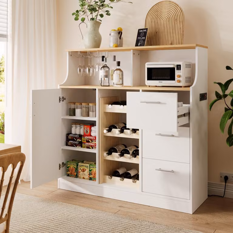 Wishdor Dressoir met LED-verlichting, wijnrek en glazenhouder, Scandinavisch design, White+Natural, B/D/H: 120 x 40 x 121 cm