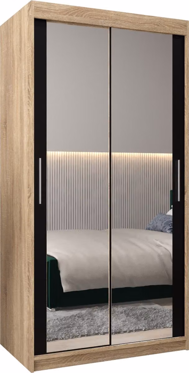 InspireMe TORM III Kledingkast met 2 schuifdeuren en 2 lades, Sonoma Eik en Zwart Mat, B/D/H: 100 x 62 x 200 cm