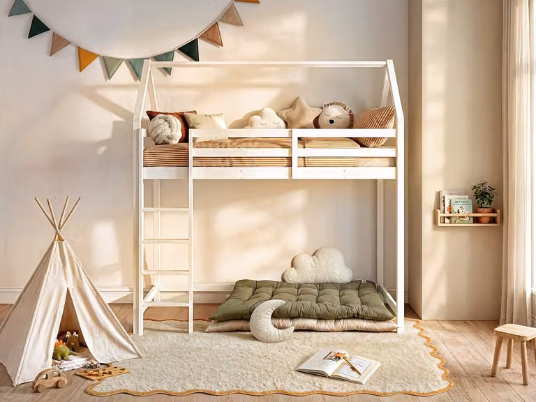 TARZIA Hoogslaper met speelruimte en matras, Wit Grenen, B/D/H: 190 x 90 x 160 cm