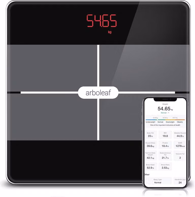 Digitale Personenweegschaal met App en Lichaamsanalyse - 180 kg Capaciteit, Bluetooth, BMI, Lichaamsvet, Spiermassa