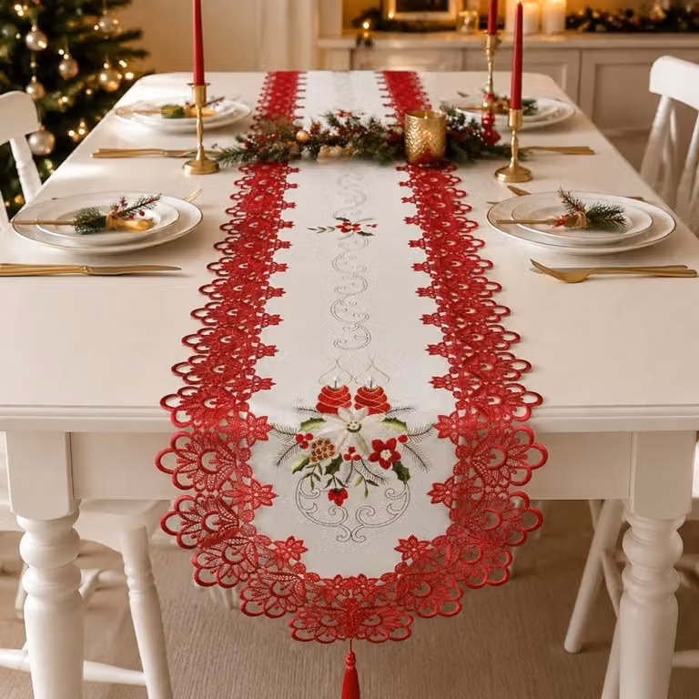 Lange tafelrunner met kant en kwastjes voor bruiloften, feesten en kerstdecoratie, 40 x 180 cm