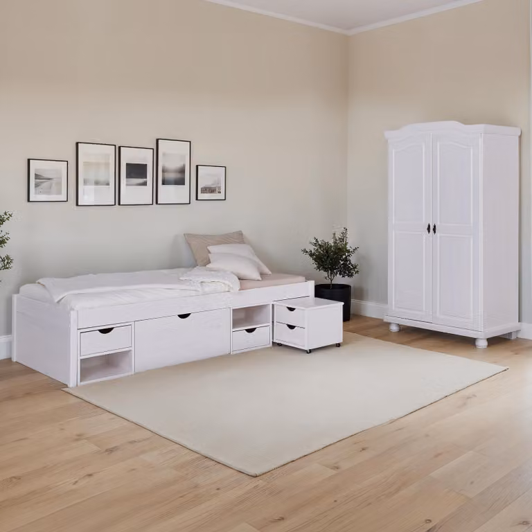 home24 Hedda Slaapkamerset met bedframe en opbergruimte, wit, massief hout, 90 x 200 cm