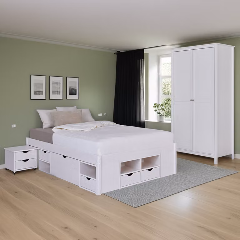home24 Slaapkamerset Chilly wit met bedframe en opbergruimte met lades, 140 x 200 cm