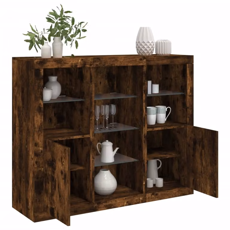 vidaXL Set van 3 moderne dressoirs met LED-verlichting in rook-eikenfineer