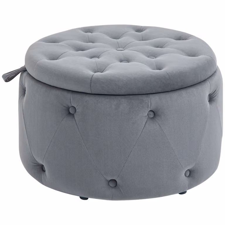 HOMCOM Ronde Poef met Verborgen Opbergruimte in Grijs Fluwel met Vintage Design, B/D/H: 60 x 60 x 40 cm