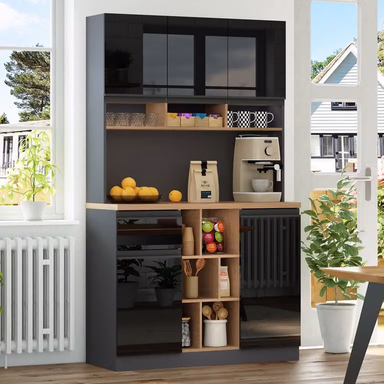 HAUSS SPOLE Keukenkast - Hoogkast met Verstelbare Planken, Lade en Kantelbeveiliging - Hoogglans Zwart - MDF - B/D/H: 105 x 45 x 185 cm
