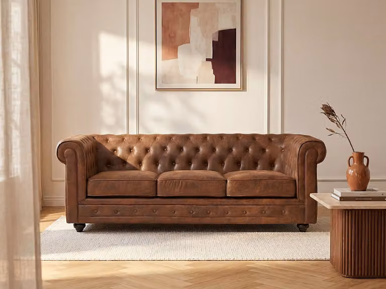 Vente-unique Driezitsbank Chesterfield van microvezel met vintage look in bruin