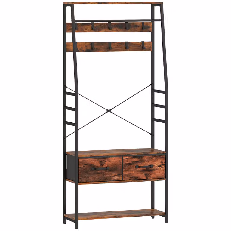 HOMCOM Garderobe met zitbank, schoenenrek, kledingstang en 10 haken, Bruin, B/D/H: 80 x 30 x 180 cm