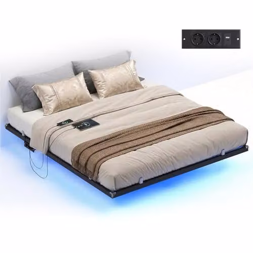 VASAGLE Zwevend Bedframe met LED-verlichting en USB-oplaadpunten, 160 x 200 cm