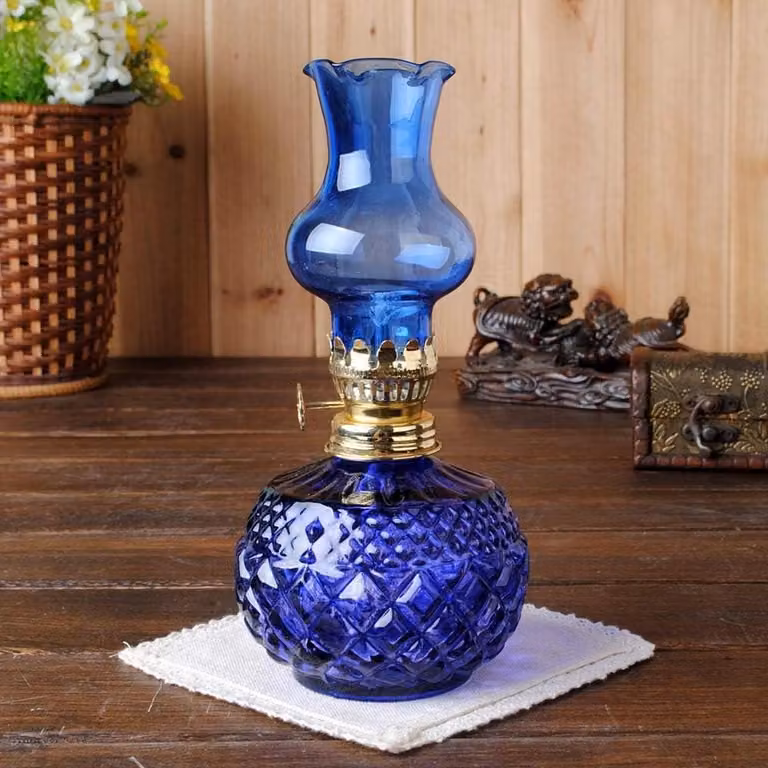 Blauwe glazen olielamp - Petroleumlamp lantaarn voor buitenverlichting - Hoogte: 20 cm