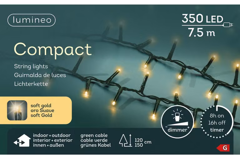 Lumineo LED compact kerstverlichting 7,5 meter 350 LED groen/soft gold