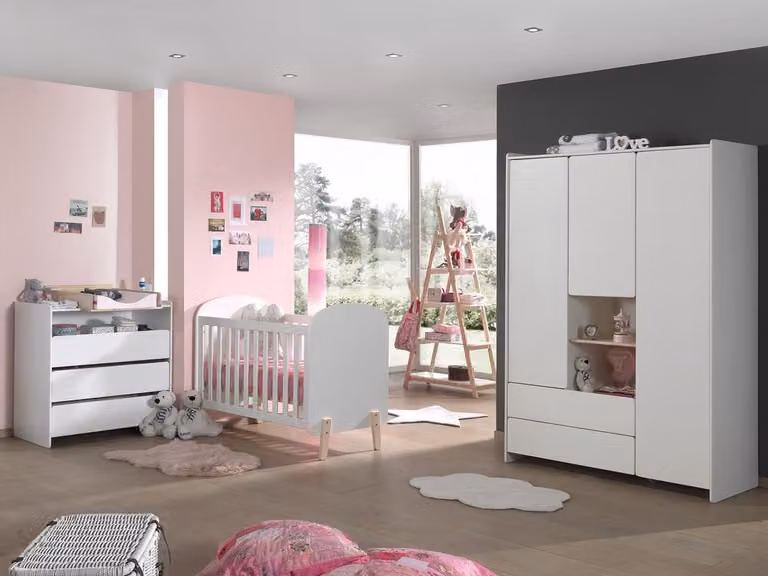 LUCEVI Babykamer Set: Babybed, Commode met 3 laden, Kleerkast met 3 deuren en Boekenkast - Wit - B: 120 cm, D: 60 cm