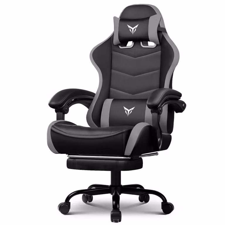 GTPLAYER Ergonomische Gaming Stoel met Voetsteun, Verstelbare Hoofdsteun en Lendensteun, Grijs
