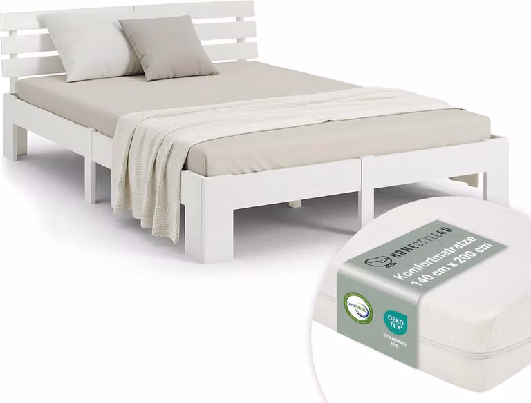 Homestyle4u Tweepersoonsbed met matras en lattenbodem, Wit, Massief grenenhout, 140 x 200 cm