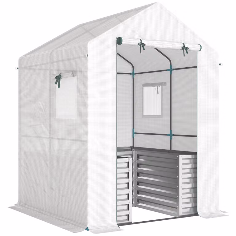 Outsunny Tomatenkas Foliekas met Hoogbed, Oprolbare Deur en Schuin Dak, Wit, B/D/H: 141 x 141 x 190 cm