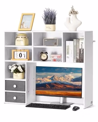 VEVOR Bureau Boekenplank 3-laags Organizer Wit, Moderne Desktop Displayplank van MDF en Hout met Stoffen Laden, B/D/H: 94 x 25,4 x 79,2 cm