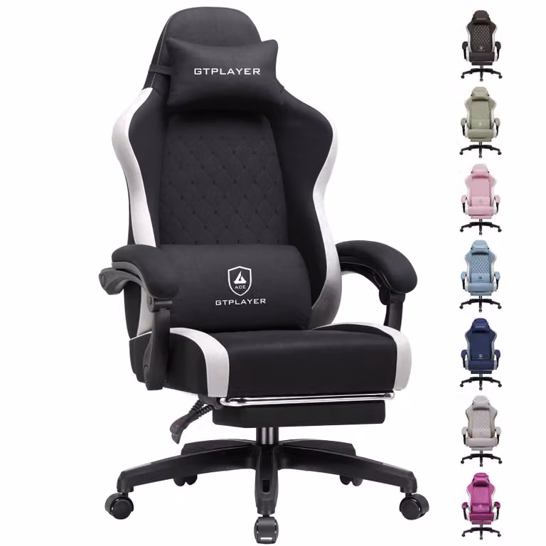 GTPLAYER Gaming Stoel, ergonomische bureaustoel met ademend materiaal en voetsteun, zwart