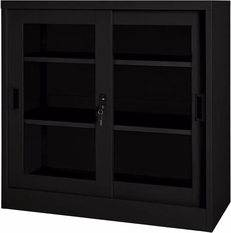 Archiefkast met glazen schuifdeuren en stalen frame voor kantoor of home office, B/D/H: 90 x 40 x 90 cm, Zwart