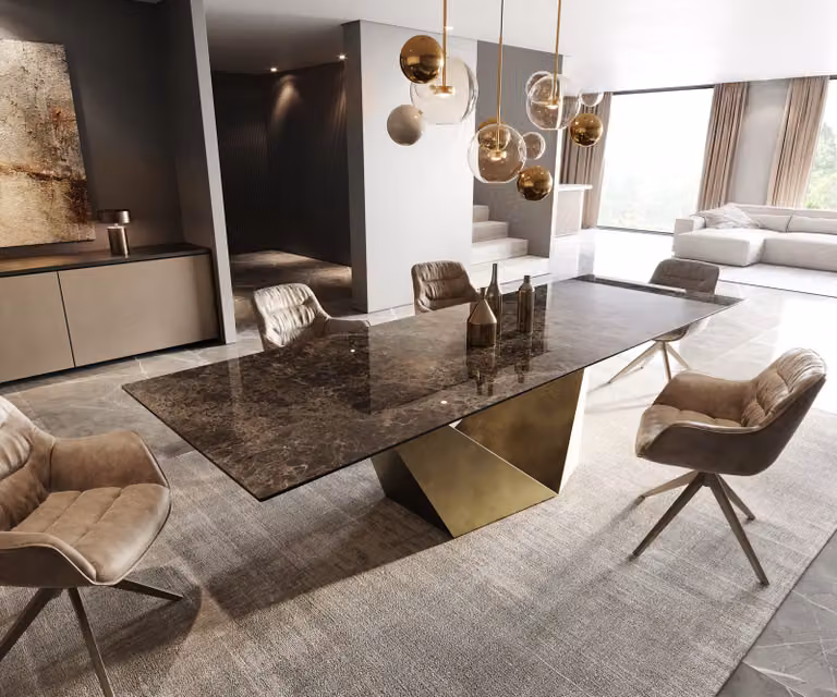 Delife Eettafel Edge Keramiek Emperador Extra Lucidato Donkerbruin met Prisma Metallic Goud, Breedte: 300 cm, Diepte: 100 cm
