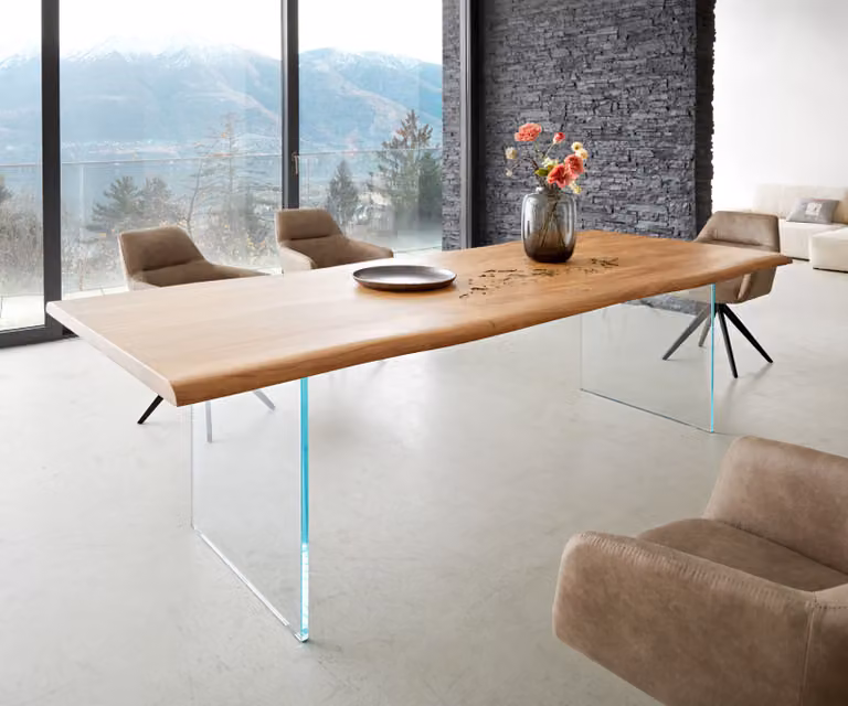 DELIFE Eettafel Edge met Acacia Hout en Glas, Live-Edge, Bruin/Transparant, B/D/H: 260 x 100 x 74,5 cm