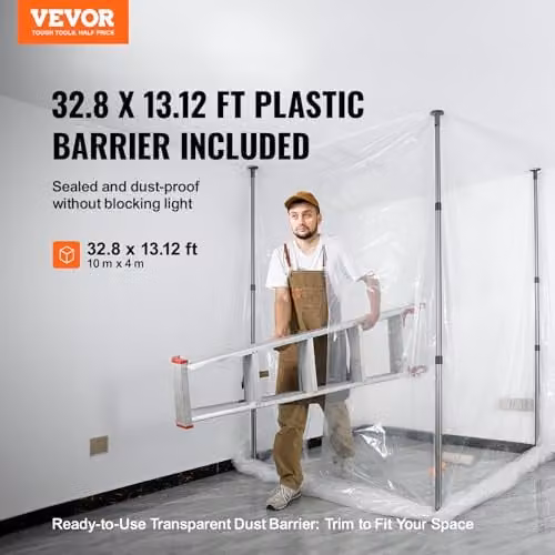 VEVOR Stofbeschermingssysteem met 4 telescopische staven, draagtas en 10 x 4 meter plastic folie voor schilderwerkzaamheden en interieurdecoratie
