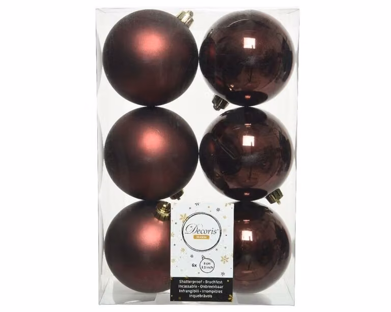 Decoris 6 onbreekbare kerstballen mahonie, diameter 8 cm