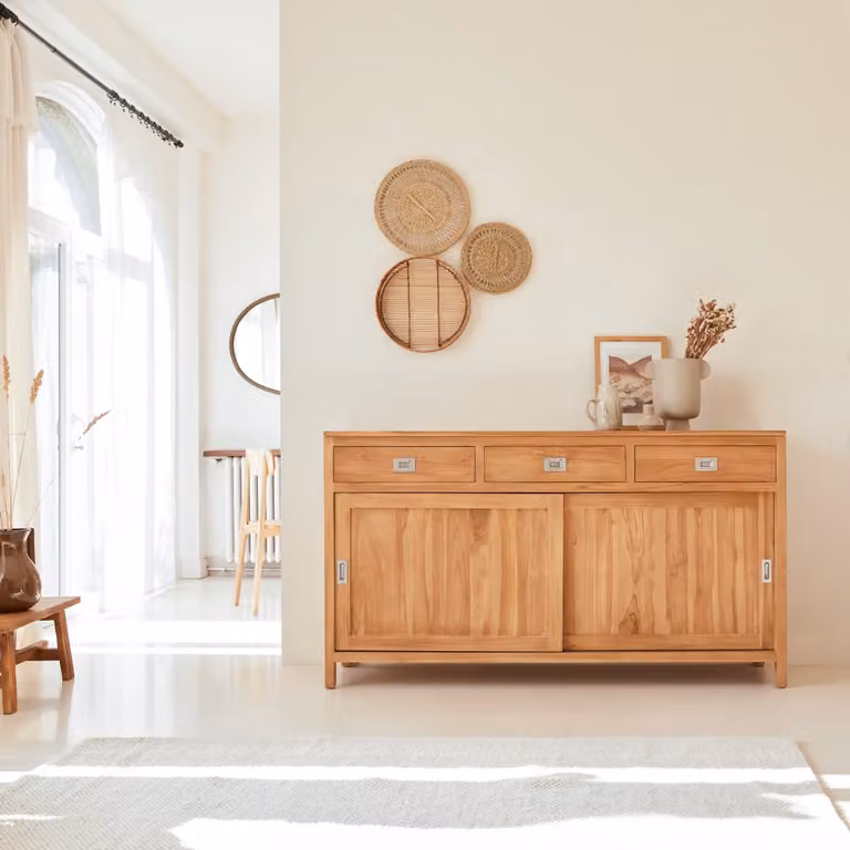 Tikamoon Massief teakhouten dressoir - Bruin/Beige - B: 180 cm, H: 84,5 cm, D: 48 cm