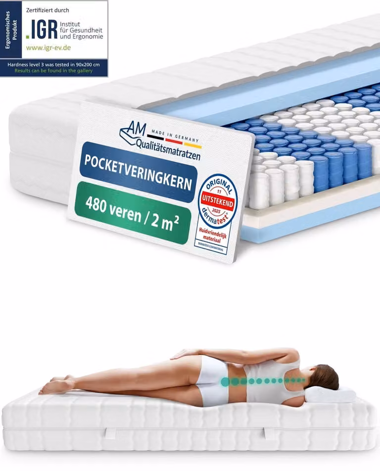 AM Qualitätsmatratzen Ergonomisch 7-Zone Pocketveringmatras, 200 x 200 cm, H: 20 cm